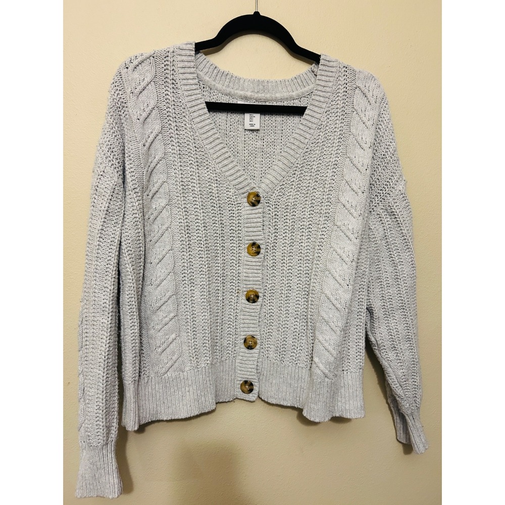 Cupcakes Cashmere Cable Knit Cardigan Women Large Gray  V-Neck Button Front - Picture 2 of 9
